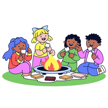 A small group of children is gathered around a fire pit, enjoying the warmth of the flames. Each child has a marshmallow on a stick, roasting it over the fire. There are chocolate bars and graham crackers neatly laid out on a picnic table nearby. The children are smiling and chatting as they prepare their s'mores, with one child holding up a finished s'more, ready to take a bite. The scene is set in a backyard with green grass and a few trees in the background.