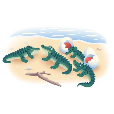 A cluster of newly hatched saltwater crocodiles is emerging from their eggs on a sandy beach. The tiny crocodiles have dark green scales with lighter patterns. Some are still partially inside their eggs, which are cracked open, revealing the white shells. The sand is light tan, with tiny grains sparkling in the sunlight. In the background, gentle waves can be seen lapping at the shore, and a few pieces of driftwood are scattered across the sandy surface. The scene captures the moment of birth, with one crocodile looking back at its siblings, ready to embark on its journey.