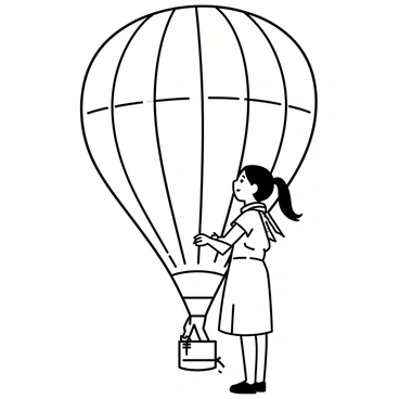 A girl standing in front of a hot air balloon, which is inflated and ready for flight. She has long hair tied back and is wearing a light summer dress with a patterned scarf around her neck. Her hands are resting on her hips as she looks up at the balloon, which has a large, intricate design. The balloon's basket is visible at the bottom, and there are ropes attached to the balloon. The scene captures a sense of anticipation as the girl prepares for the adventure ahead.