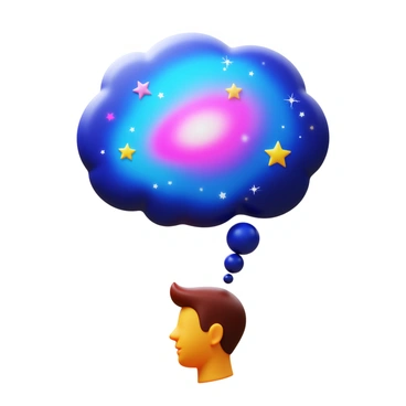 A thought bubble containing a vibrant galaxy with swirling colors of blue, purple, and pink. The galaxy features bright stars and cosmic dust particles scattered throughout. Below the thought bubble, there is a person's head, visible from the side, with a thoughtful expression. The thought bubble is positioned directly above the person's head, emphasizing the connection between the individual and the expansive universe within the bubble.