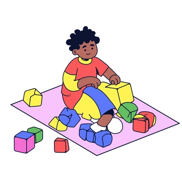 A child is sitting on a soft, light-colored mat, surrounded by various colorful blocks. Each block has a unique hue, including vibrant red, sunny yellow, deep blue, and rich green. The blocks also have different textures, such as smooth, bumpy, and ridged surfaces. The child is focused, stacking the blocks carefully, with a look of concentration on their face. There are a few blocks scattered around the child as they play.