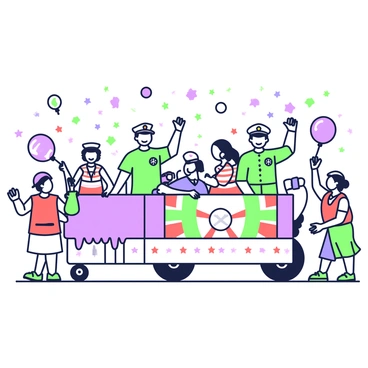 A decorated float is moving through a parade, showcasing various patriotic symbols. On the float, there are banners featuring stars and stripes, draped elegantly along the sides. Veterans are standing proudly on the float, each wearing military uniforms that reflect their respective branches of service. They are waving cheerfully to the crowd, smiling as they celebrate their service. The crowd consists of diverse individuals, some holding flags and others wearing red, white, and blue attire. The atmosphere is lively, with balloons and confetti scattered in the air around the float.