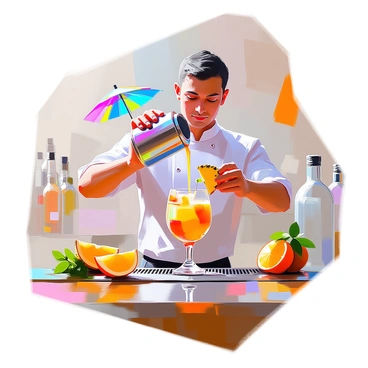 A bartender with tan skin and short black hair is skillfully mixing a colorful fruity punch cocktail in a shiny cocktail shaker. The bar counter is made of dark wood, with various bottles of spirits neatly arranged behind him. Fresh garnishes such as slices of orange, pineapple wedges, and sprigs of mint are placed beside him on the bar. The cocktail glass is filled with the vibrant mixture and is adorned with a colorful paper umbrella and a slice of fruit on the rim. The bartender has a focused expression as he pours the drink into the glass.