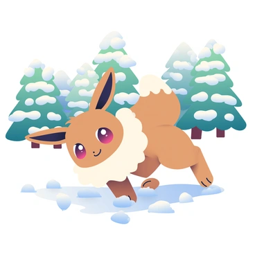 An Eevee with a fluffy, light brown coat and large, expressive eyes is playfully making paw prints in freshly fallen snow. Its ears are perked up, capturing the gentle winter breeze. Behind the Eevee, there is a snow-covered forest featuring tall pine trees adorned with thick layers of white snow on their branches. The ground is blanketed with a soft, even layer of snow that sparkles under the bright winter sun, creating a tranquil and picturesque winter scene.