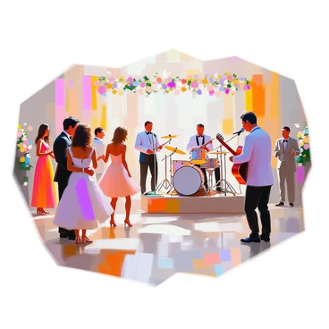 A live band consisting of four musicians is performing at a wedding reception. The musicians include a singer with a microphone, a guitarist, a drummer, and a keyboardist. They are positioned on a small stage decorated with soft lighting. Nearby, a group of guests is dancing joyfully on a polished wooden floor. The guests are dressed in elegant outfits, with some wearing formal gowns and others in smart suits. Colorful decorations, including floral arrangements and string lights, are visible around the venue, enhancing the festive atmosphere of the celebration.
