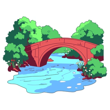 A red stone bridge arches gracefully over a flowing blue river. The river is glistening under the sunlight, with ripples disrupting the surface. On both sides of the riverbanks, there are clusters of lush green trees and shrubs, creating a vibrant backdrop. The greenery is thick and rich, with various shades of leaves dancing in the gentle breeze. In the scene, a few colorful wildflowers peek out from the edges of the river, adding subtle pops of color to the natural setting.