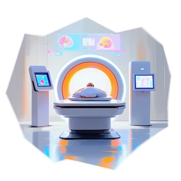 A futuristic CT scan machine is positioned in a clinical environment, featuring sleek, streamlined design elements made from polished metal and glass. The machine has a circular aperture where patients lie down, surrounded by illuminated edges that emit a soft, bluish glow. Holographic displays project various medical information and 3D images above the machine, showcasing anatomical structures in vibrant colors. Integrated control panels with touch-sensitive surfaces are located on either side, adding to the advanced technological appearance. The overall atmosphere is bright and sterile, emphasizing the cutting-edge nature of the equipment.