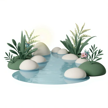 A tranquil water feature with clear, flowing water surrounded by smooth, rounded stones of various sizes. The stones are nestled in a bed of vibrant green moss. Lush greenery, including ferns and small shrubs, frames the water feature, adding depth and texture. Sunlight filters through the leaves, creating gentle reflections on the surface of the water. A few small, colorful flowers peek through the foliage, enhancing the natural beauty of the spa garden.