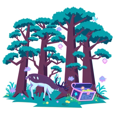 A dense forest filled with pixelated trees, each one uniquely shaped and sized, showcasing various shades of green and brown. Small wildlife can be seen, including a pixelated deer with large antlers grazing near a patch of vibrant wildflowers. A group of pixelated birds flits among the branches overhead, adding movement to the scene. Nestled among the roots of a large tree, there is a hidden treasure chest, designed with intricate pixel patterns and a slightly open lid revealing glimmers of gold and jewels inside. The ground is littered with pixelated leaves and moss, enhancing the depth of the forest floor.