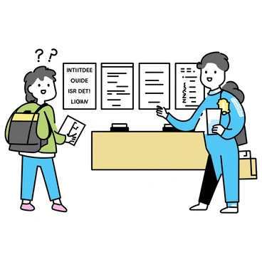 A customs officer explaining regulations to a confused traveler, with informative posters in the background.