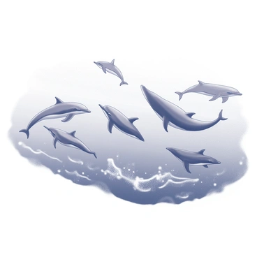 A group of marine mammals is depicted swimming in the ocean. The scene includes several dolphins, known for their streamlined bodies and playful behaviors, gracefully leaping through the waves. Nearby, a pod of whales, featuring distinctively large bodies and long, slender fins, glides through the water. The surface of the ocean is captured with gentle ripples and splashes as the animals propel themselves effortlessly. The interaction between the dolphins and whales showcases a dynamic underwater environment, emphasizing the movement and vitality of marine life.