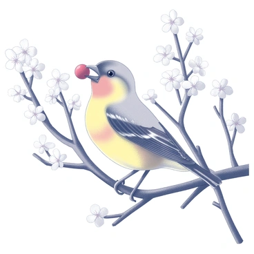 A goldfinch with a bright cherry in its beak among blossoming trees