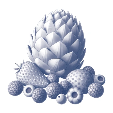 An artichoke positioned at the center of the composition. Surrounding the artichoke, there is an assortment of fresh berries, including strawberries, blueberries, raspberries, and blackberries. The berries are scattered around the base of the artichoke, showcasing their varying sizes and textures. Each berry glistens with morning dew, adding a fresh and vibrant contrast to the artichoke's unique form. The background is softly blurred, focusing attention on the arrangement of the artichoke and the mix of berries.
