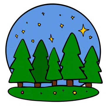 A night sky filled with numerous twinkling stars shines brightly above a tranquil forest. The trees are tall and lush, with various shades of green, their silhouettes outlined against the starry backdrop. A gentle breeze causes the leaves to rustle softly. The ground is dotted with small patches of grass and wildflowers, providing a natural carpet beneath the impressive display of the cosmos.