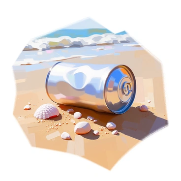 A crumpled aluminum can is lying on a sandy beach, partially buried in the soft golden sand. The can has a metallic sheen, reflecting the bright sunlight, which dances across its surface. Surrounding the can, grains of sand glisten like tiny jewels in the light. In the background, gentle waves can be seen lapping at the shore, and a few scattered seashells add texture to the sandy landscape. The scene captures the contrast between the man-made object and the natural beauty of the beach.
