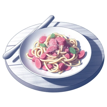 A plate of pasta arranged artistically on a rustic wooden table. The pasta is intertwined with vibrant rhubarb sauce, glistening in the light. The dish is garnished with thinly sliced rhubarb and a sprinkle of fresh herbs. The texture of the wooden table adds depth to the scene, highlighting the contrast between the smooth pasta and the chunky sauce. A fork is placed beside the plate, ready for serving.