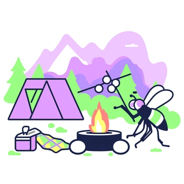A fly is sitting on a small log by a campfire, with its wings gently glistening. Above the campfire, a skewer with marshmallows is held by its legs, resting over the flames. The campfire crackles, sending small sparks into the air. In the background, there are a few pine trees silhouetted against a darkening sky. A camping tent is set up to the side, with a colorful checkered blanket spread out on the ground. Nearby, a small cooler lies open, revealing some snacks.