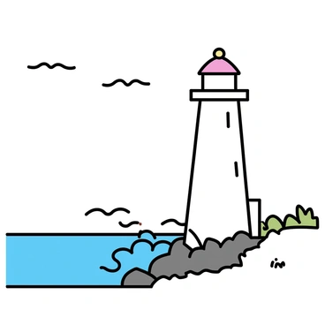 A tall white lighthouse with a red top, standing on the rocky shore of Lake Erie. The waves are crashing forcefully against the rocks below, sending sprays of water into the air. The sky is clear with a few scattered clouds, and the calm waters of the lake stretch out into the horizon. Nearby, patches of green grass and small rocks dot the landscape around the base of the lighthouse.