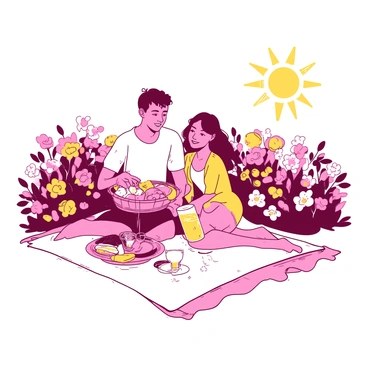 A couple is sitting on a white picnic blanket in a blooming garden filled with a variety of colorful flowers. The man is holding a basket filled with fruits and sandwiches while the woman is pouring lemonade into two clear glasses resting on the blanket. Surrounding them are vibrant flowers in shades of pink and yellow, creating a lively atmosphere. The sun is shining brightly above, casting gentle shadows on the blanket and the couple. The scene captures a moment of joy and togetherness in a picturesque setting.