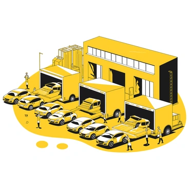 A row of newly manufactured cars lined up outside an automotive factory, ready for transport. The cars are in various models and sizes, with polished surfaces reflecting the surroundings. Workers in safety vests are efficiently loading the cars onto transport trucks. The trucks are large and have ramps extended, while some cars are already secured with straps. The factory's large building is visible in the background, with machinery and equipment around. Various tools and equipment are scattered on the ground, indicating an active workspace.