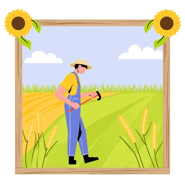 A rustic frame made of bright yellow sunflowers and golden wheat stalks surrounds a farmer working diligently in a green field. The farmer is wearing a straw hat and overalls, holding a gardening tool. In the background, rows of crops stretch out under a clear blue sky, and a few fluffy white clouds drift by. The frame enhances the scene, drawing attention to the farmer's connection with the land.