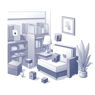 A room filled with various everyday objects. There is a bookshelf lined with books, a lamp on a side table, and a potted plant in the corner. Among these items, several tiny cameras are discreetly integrated into the design. One camera is concealed within the lamp's base, another is hidden inside a decorative vase, and a third is integrated into the corner of a picture frame hanging on the wall. The overall atmosphere of the room is cozy and lived-in, with soft shadows cast by the light source.