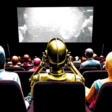 C-3PO, a shiny gold humanoid robot with intricate mechanical details, is sitting in a crowded alien movie theater. He is facing a large screen that displays vibrant action scenes. The theater is filled with various alien species, each exhibiting unique features such as bright colors, unusual skin textures, and distinct body shapes. Some aliens are leaning forward in their seats, while others are laughing or whispering to one another. The rows of seats are packed, and the atmosphere is lively, filled with anticipation and excitement. "C-3PO" has his hands clasped together, reflecting a mix of curiosity and concern as he watches the film.