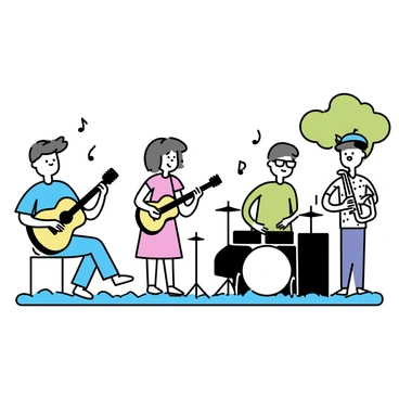 A group of musicians in a park, with a man playing an acoustic guitar, wearing a blue t-shirt and jeans, seated on a grassy area. Next to him, a woman is standing, playing an electric guitar, dressed in a red dress. A drummer is positioned behind them, with a black drum set, wearing a baseball cap and a green shirt. Nearby, a saxophonist is playing a saxophone, wearing sunglasses and a patterned shirt, standing under a tree. The scene captures the musicians engaged in their performance with musical notes illustrated around them, conveying the lively atmosphere.