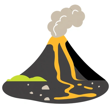 A dramatic volcanic eruption with a large, conical volcano in the center, spewing bright orange lava flowing down its sides. Thick gray ash clouds billow from the crater, rising high into the sky. The landscape around the volcano shows dark, charred earth with patches of green vegetation at a distance. In the foreground, small rocks and debris are scattered, illuminated by the glow of the lava. The scene conveys a powerful and intense natural event.
