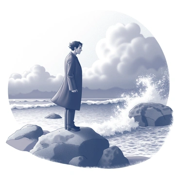 A figure stands on a rocky shore, the wind whipping around him. "Victor Frankenstein," dressed in a dark overcoat, gazes out at the turbulent sea. His hair is disheveled, blown by the gusts of wind, and his expression reflects deep contemplation. Waves crash against the rocks, sending sprays of water into the air. Dark clouds gather overhead, adding to the atmosphere of turmoil. The scene captures the intensity of the storm and the solitude of the figure, emphasizing his isolation in this dramatic setting.