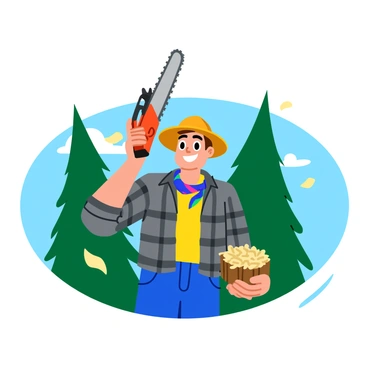 A cheerful contestant with a big smile, holding a shiny chainsaw trophy high in the air. The contestant is wearing a flannel shirt and a hard hat, with a colorful bandana around the neck. The background features tall green pine trees and a blue sky, indicating an outdoor setting typical for lumberjack competitions. In the contestant's other hand, there are small pieces of wood shavings, emphasizing the lumberjack theme. The trophy is detailed, showcasing a small chainsaw mounted on a wooden base.