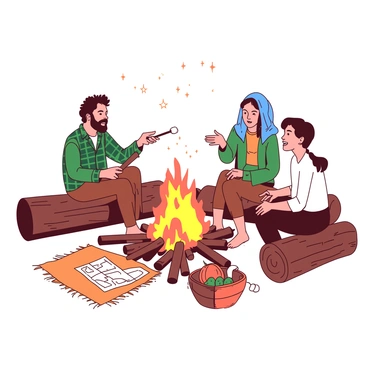 A group of settlers, consisting of four individuals, is gathered around a vibrant orange campfire. They are seated on rustic wooden logs arranged in a circle, with the warm glow of the fire illuminating their faces. One settler, a man with a green plaid shirt, holds a wooden stick, using it to toast a marshmallow above the flames. Another settler, a woman with a blue headscarf, is animatedly gesturing as she shares a story, her expressions lively. On the ground beside them, there is a woven blanket spread out, containing a few scattered items such as a small basket of fruits and a rolled-up map. The atmosphere feels warm and inviting, as the settlers exchange plans for their future adventures under the twinkling stars above.