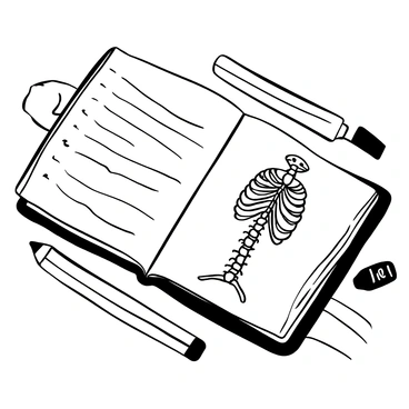 A sketchbook lying flat with an open page displaying a detailed drawing of a snake skeleton. The skeleton is intricately illustrated, showcasing the individual vertebrae and ribs, with precise lines and shading. Surrounding the sketchbook are various drawing tools, including a pencil and an eraser. The background features a faint outline of a wooden table, providing context to the scene.