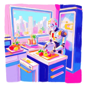 A robot with a sleek metallic design is positioned in a high-tech kitchen. It has articulated arms and a digital interface on its chest. The kitchen features modern appliances, including a smart refrigerator with a glass door and a futuristic stove with touch controls. The robot is chopping colorful vegetables on a cutting board, while an array of cooking utensils are neatly organized on a counter. Bright LED lights illuminate the space, highlighting the shiny surfaces and advanced gadgets. In the background, a window reveals a cityscape with tall buildings.