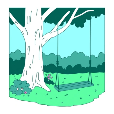 A teal tree swing crafted by Emma is hanging from a sturdy branch of a large white oak tree. The swing is made of smooth wood and has a comfortable seat, gently swaying back and forth in the breeze. The backyard is lush, with green grass covering the ground and a few colorful flowers scattered nearby. In the background, there are some bushes and a clear blue sky, adding to the peaceful atmosphere of the scene.