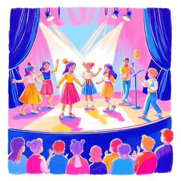 A stage is set up for a festival competition, with colorful banners and bright stage lights illuminating the area. Young performers of various ages and ethnicities are confidently showcasing their talents. A group of children is dancing in matching costumes, while another performer is singing into a microphone. On the side, a young magician is performing a trick with colorful props. The audience can be seen in the foreground, clapping and cheering enthusiastically. Each performer displays a distinct expression of joy and concentration as they engage in their respective acts.