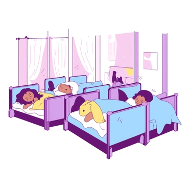 A room with walls painted in a soft hue is filled with small cots. Each cot has a child peacefully napping under light blue and pale yellow soft blankets. The children are of various backgrounds, peacefully sleeping with serene expressions on their faces. Soft stuffed animals are nestled beside them, adding warmth to the scene. Gentle sunlight filters through sheer white curtains, casting a warm glow over the room, creating a calm atmosphere.