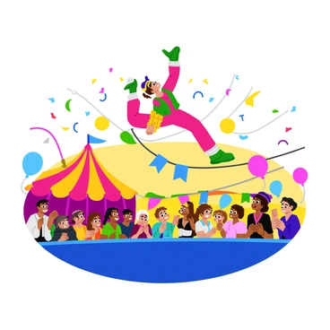 An acrobat dressed in a vibrant, multicolored costume is performing a spectacular leg extension on a taut tightrope. The acrobat balances gracefully, with one leg extended high above, showcasing a perfect split, while the other leg supports their weight. Below, a cheering audience watches in awe, with expressions of excitement and admiration. The setting features a big top circus with bright lights and colorful banners flanking the scene. The background is filled with balloons and confetti falling from above, enhancing the festive atmosphere.