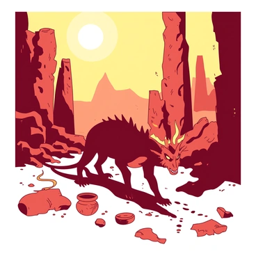 A Balrog wandering through the ruins of an ancient desert city at sunset