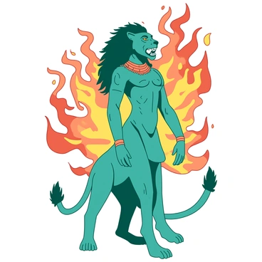 A teal Sekhmet stands tall, exuding strength and majesty. She is surrounded by a vibrant orange aura of flickering flames that radiate outward, emphasizing her powerful presence. The flames twist and dance around her, creating a dynamic atmosphere. Sekhmet's fierce expression and regal posture convey authority, while her detailed lioness features shine brilliantly amidst the glowing flames. Her ornate collar and jewelry glimmer, adding to her formidable aura.