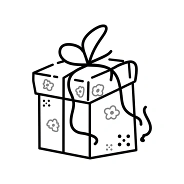 A gift box is placed on a flat surface. The box features intricate floral patterns covering its sides. It is topped with a large, elegantly tied ribbon that drapes down the sides. The edges of the box are slightly rounded, and the ribbon has multiple loops and tails cascading elegantly. The overall appearance is that of a well-presented gift, ready for a special occasion.