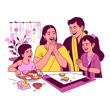 A vibrant scene depicting a family gathering during the "Upanayanam" celebration. In the center, a group of four family members is laughing joyfully. A woman wearing a bright ethnic saree is playfully covering her mouth while giggling. Beside her, a man in a traditional outfit is clapping his hands in delight. To the left, a young boy is holding a decorative plate adorned with sweets, his eyes wide with excitement, and next to him, a girl in a colorful dress is beaming with happiness. The background features traditional decorations and flowers that enhance the festive atmosphere.
