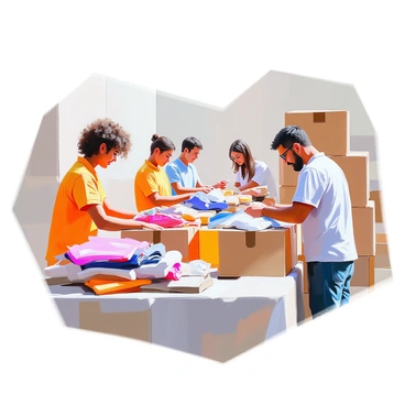 A group of diverse volunteers, including individuals of different ages and ethnic backgrounds, are working together at a charity event. They are surrounded by a variety of donations, including clothes, toys, and non-perishable food items. One volunteer, with curly hair, is sorting through a pile of clothing, while another, wearing glasses, is carefully packing boxes with donated items. The atmosphere is filled with a sense of teamwork and purpose as they organize the donations on long tables, making sure each box is filled efficiently. Brightly colored boxes are stacked nearby, ready to be transported to those in need.