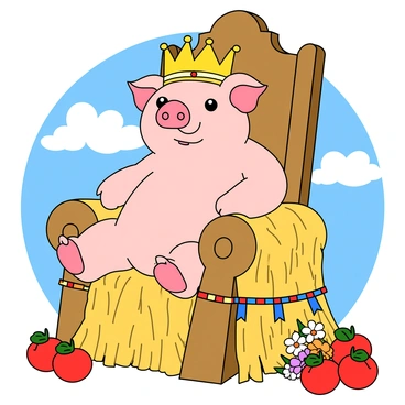 A plump pig with light pink skin and a shiny golden crown perched atop its head. The pig sits confidently on a throne crafted from golden sways of hay, shaped into a sturdy seat with a high backrest. The throne is adorned with small colorful ribbons hanging from the sides. The pig's eyes sparkle with a sense of authority, and it has a slight smile on its face. Surrounding the throne are a few scattered apples and a small bouquet of flowers, adding a touch of color to the scene. The background consists of a clear blue sky with fluffy white clouds.