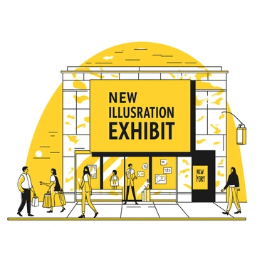 A large banner displayed outside a gallery in New York City, featuring bold lettering that reads "New Illustration Exhibit." The banner is prominently hung above the entrance. Below the text, there are several small illustrations showcasing various styles and themes. The gallery building is an urban structure with tall glass windows, and the sidewalk is bustling with pedestrians. A couple of people are stopping to look at the banner, while others walk by, carrying shopping bags. The sky above is clear, providing a bright backdrop for the scene.
