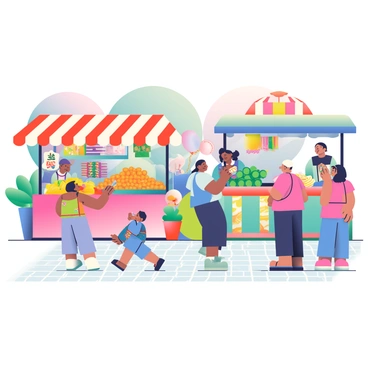 A vibrant marketplace scene is unfolding, filled with various stalls decorated in bright colors. There are stalls with striped awnings displaying fresh fruits and vegetables, including oranges, bananas, and leafy greens. In one corner, a stall is adorned with colorful fabrics and handmade crafts. People of diverse backgrounds are interacting, some are shopping, while others are chatting animatedly. A child is reaching for a balloon from a vendor, and a couple is sampling food from a nearby food stall. The ground is paved with cobblestones, adding to the lively atmosphere of the marketplace.