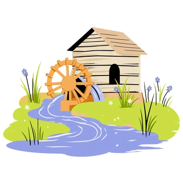 An old-fashioned water mill made of weathered wooden planks stands beside a flowing stream. The wooden water wheel, intricately designed, is turning as water cascades over its paddles. Lush greenery surrounds the mill, with tall grass and wildflowers growing along the bank of the stream. The flowing water glistens in the sunlight, creating ripples that reflect the blue sky above. The scene captures a sense of tranquility and the beauty of nature.