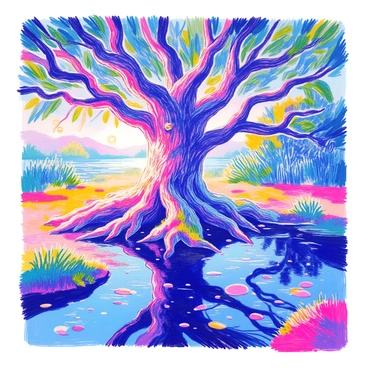 An ancient oak tree with roots embedded in blackwater