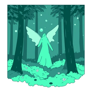 A mystical forest spirit emerging from the trees, surrounded by glowing orbs of light.