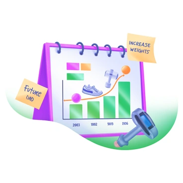 A modern pastel illustration featuring a colorful chart displaying a person's fitness progress. The chart includes a line graph with multiple data points marked in vibrant colors, representing various fitness milestones. Each milestone is accompanied by small icons, such as a dumbbell, running shoes, and a heart rate monitor. Surrounding the chart are sticky notes with handwritten future goals, each note displaying phrases like "Run 5k" and "Increase weights." The background is a soft pastel hue, creating a focused environment for the fitness journey.